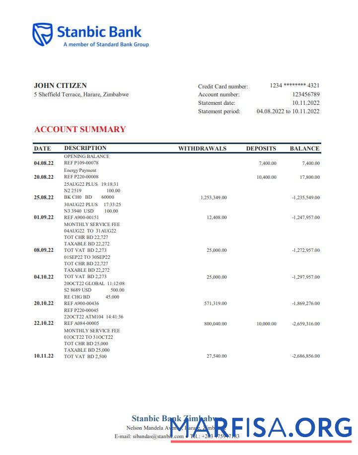 Printable Zimbabwe Stanbic bank statement excel real example